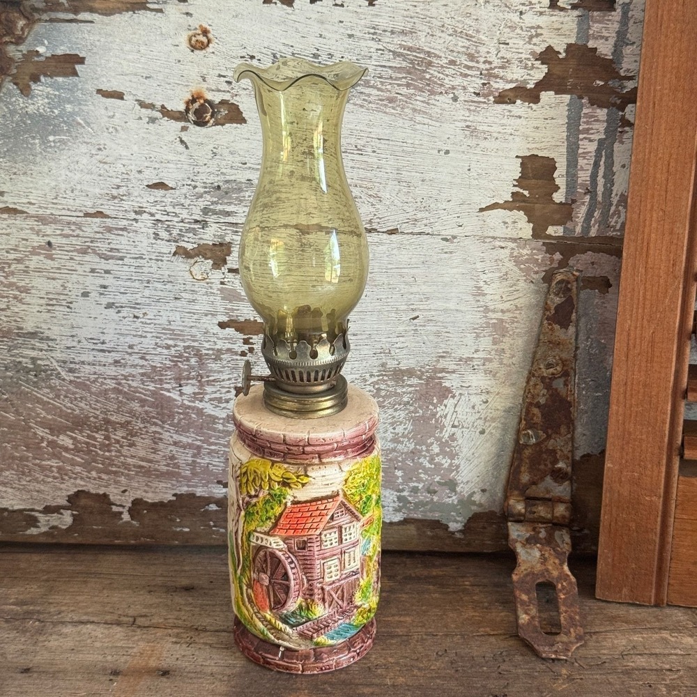 Vintage Folk Art Ceramic Oil‎ Lamp Hand Painted Water Mill Amber Glass Chimney
